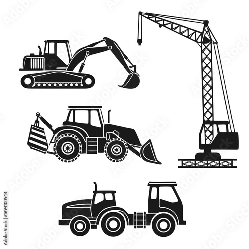 Excavator loader crane truck silhouettes construction vehicles