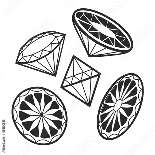 Faceted gem silhouettes black and white crystal diamond