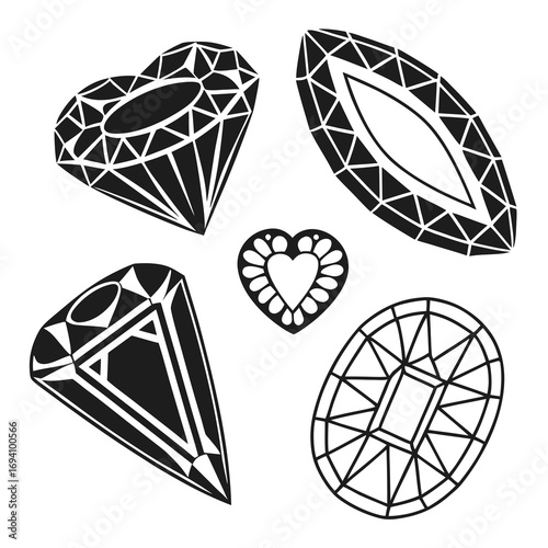 Faceted gemstone silhouettes various cuts diamond facets
