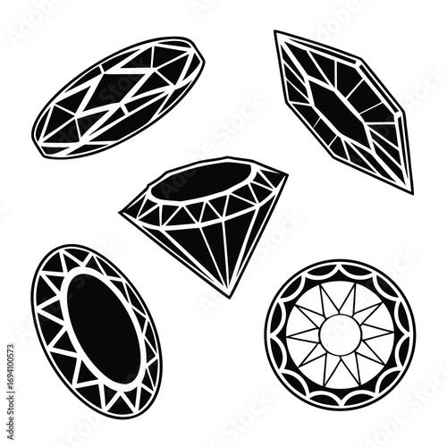 Faceted gemstone silhouettes black and white crystal