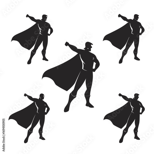 Five black superhero silhouettes flying cape action