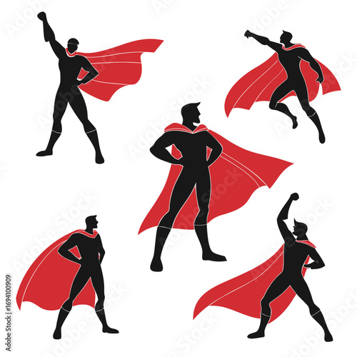 Five black superhero silhouettes red capes vector