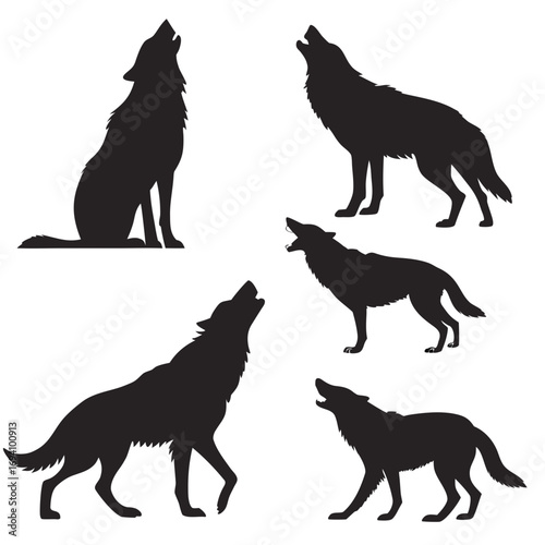 Five black wolf silhouettes howling animal