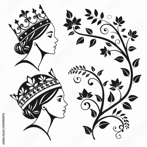 Floral crowns on regal profiles with decorative vines