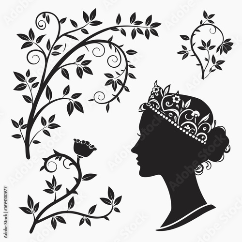 Floral vine and regal profile silhouettes black white