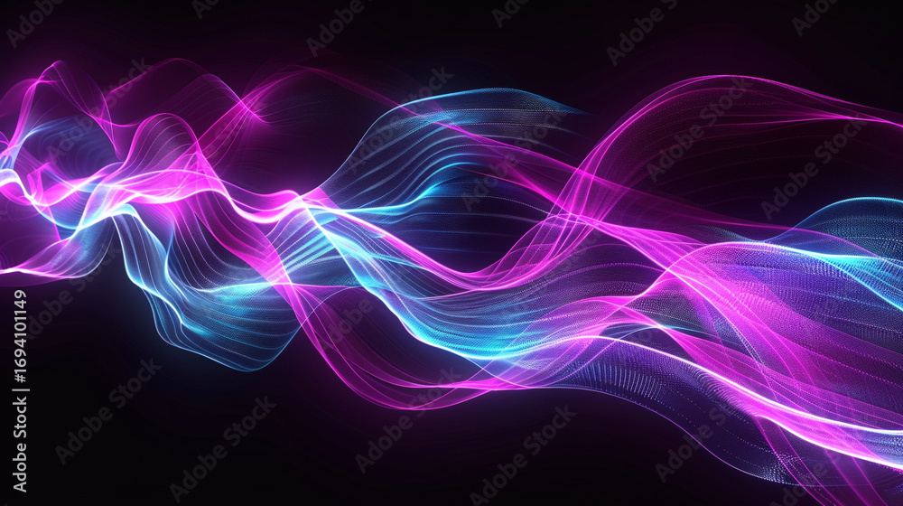 Naklejka premium Vibrant neon waves of pink and blue light flow gracefully across a dark background, symbolizing energy, technology, creativity, futuristic design, and the mesmerizing elegance of abstract motion in di