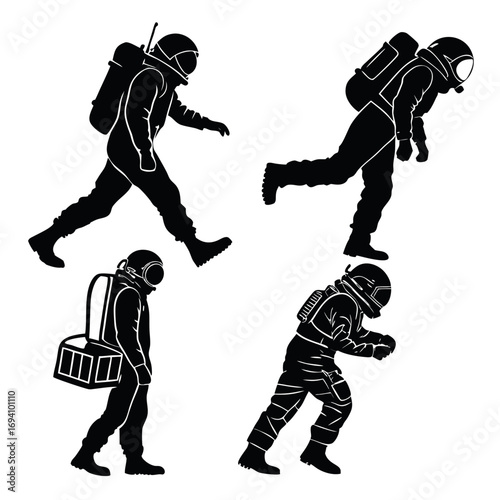 Four black astronaut silhouettes in motion space suit