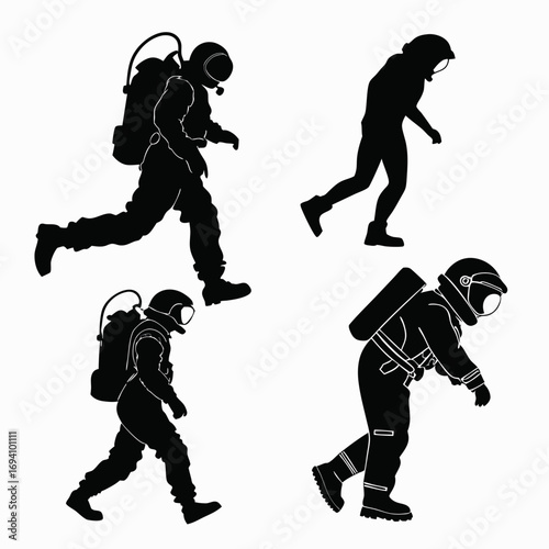 Four black astronaut silhouettes in motion space suit