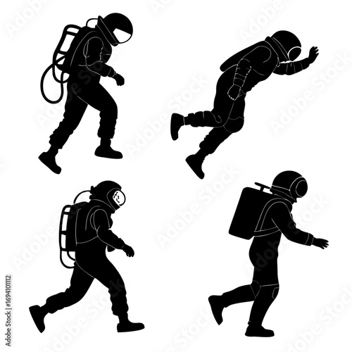 Four black astronaut silhouettes in motion space suit