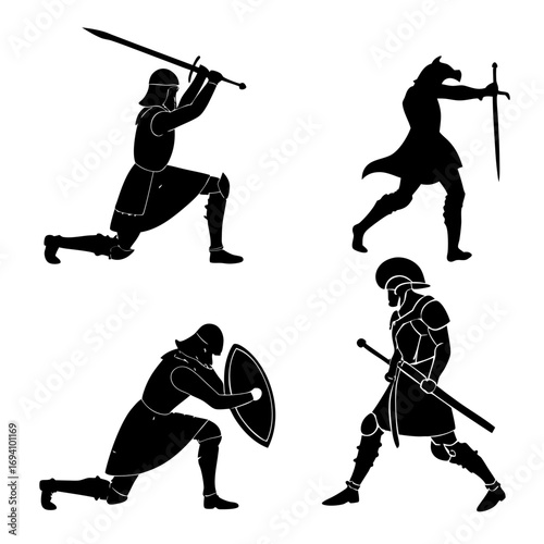 Four black knight silhouettes in action poses medieval