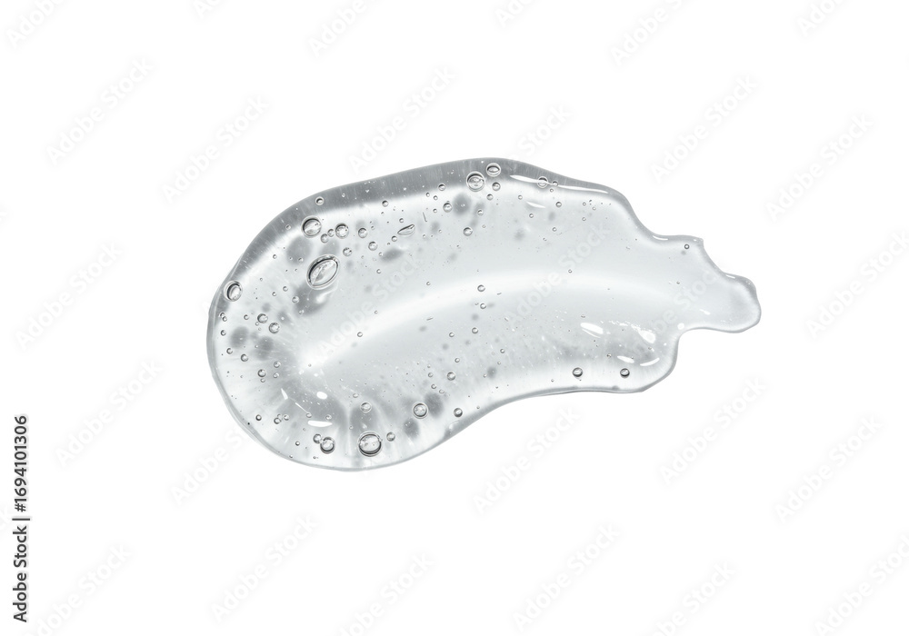 Fototapeta premium Crystal-clear transparent cosmetic gel swatch with small air bubbles, macro close-up on transparent background, soft studio lighting. Concept of skincare purity and quality