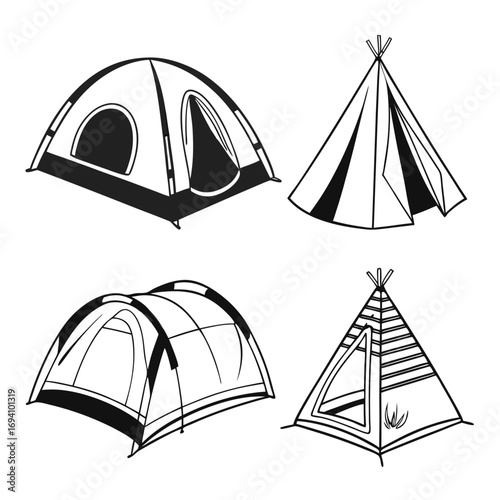 Four camping shelter illustrations tent dome tent
