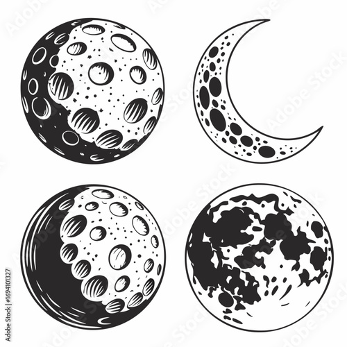 Four celestial bodies cratered surfaces moon lunar