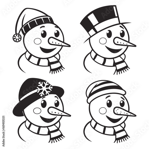 Four cheerful snowman faces winter hats scarves silhouette