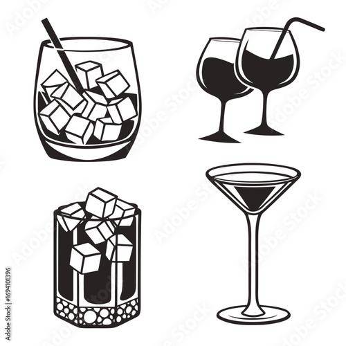 Four drinks with ice and straws ice cubes glasses