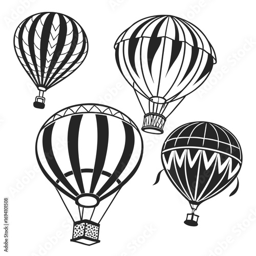 Four hot air balloons ascending black and white illustration