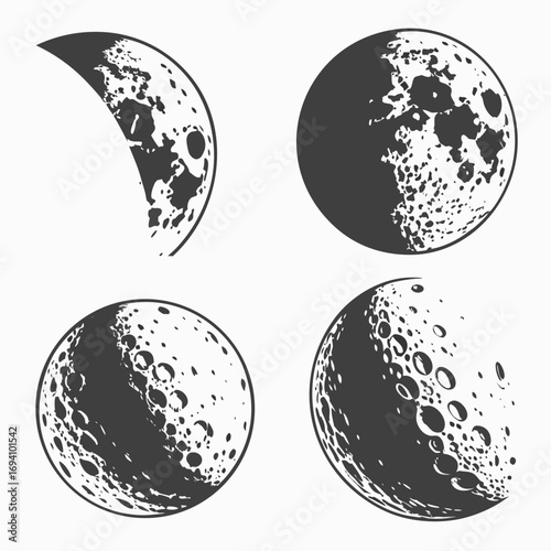 Four lunar surface crater silhouettes moon craters