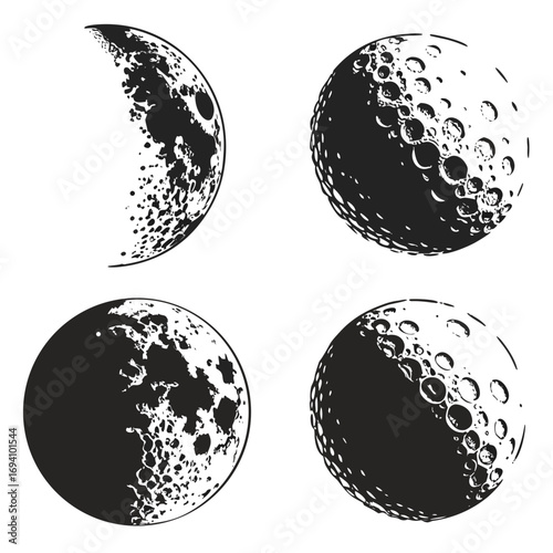 Four lunar surface crater silhouettes moon craters