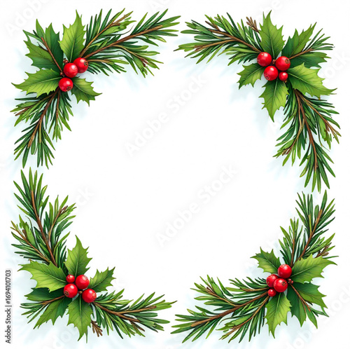 christmas frame with fir branches and berries