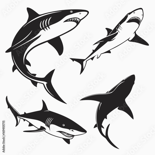 Four shark silhouettes dynamic poses black white