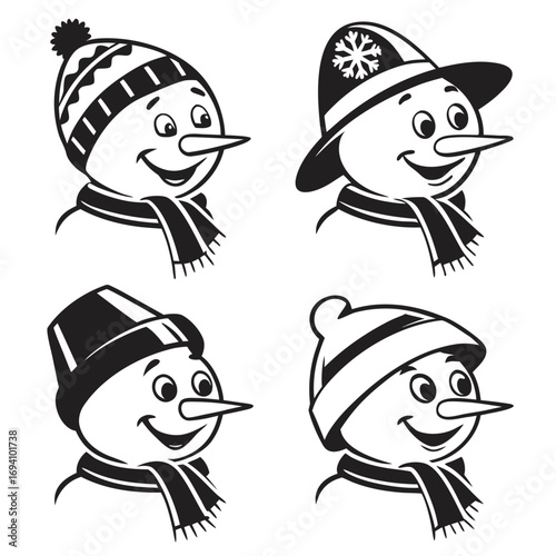 Four snowman faces wearing winter hats and scarves