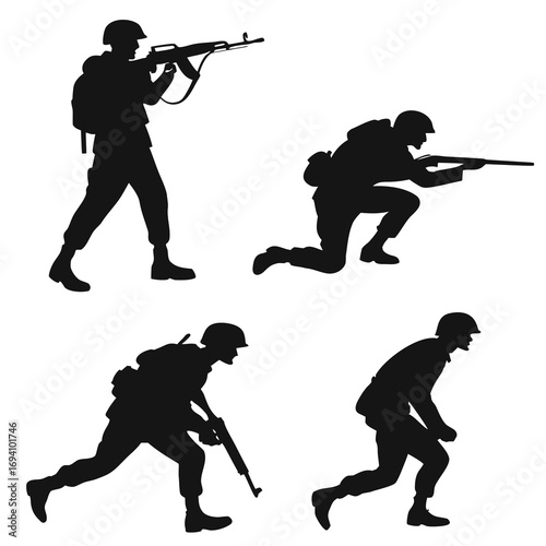 Four soldiers in action military silhouette