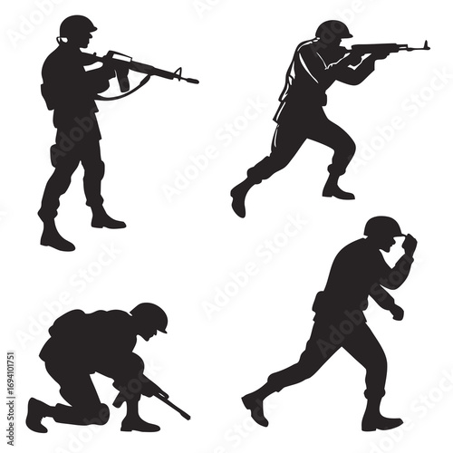 Four soldiers in action poses military silhouette