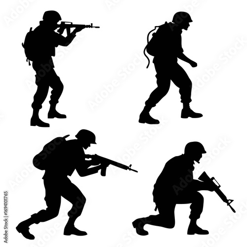 Four soldiers in action with rifles military silhouette