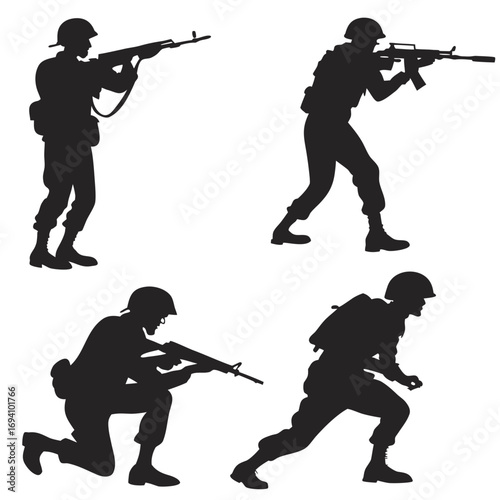 Four soldiers in combat poses military action