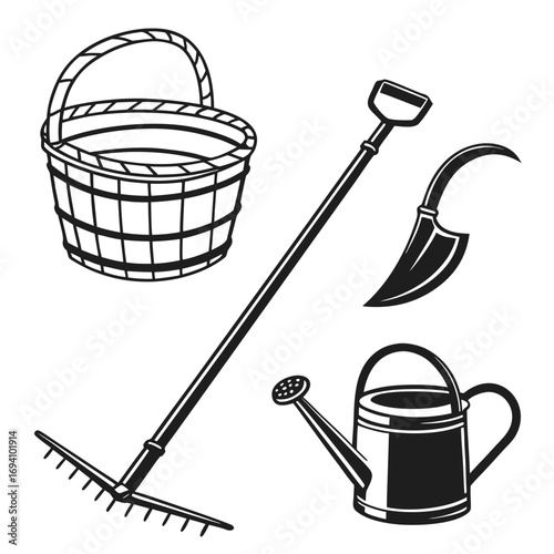 Garden tools basket rake watering can sickle farming tools