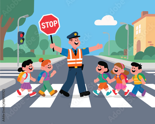 Safety First: A traffic controller ensures the safe passage of a group of cheerful children across a crosswalk, epitomizing community responsibility and child safety.