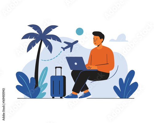 Digital Nomad's Travel: A digital nomad is immersed in work with their laptop beside the travel bag, alongside airplane above, palm tree, ready to explore the world.