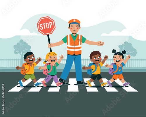 Safe Passage: A friendly crossing guard guides a group of happy schoolchildren across a pedestrian crosswalk, ensuring their safe journey with a STOP sign held high.