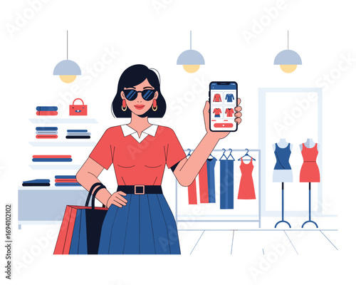 Digital Fashion Selection: A stylish individual in a modern boutique presents an array of clothing choices via their smart device, embodying the convenience and excitement of online retail.