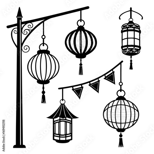 Hanging festival lanterns and pennant banners silhouette