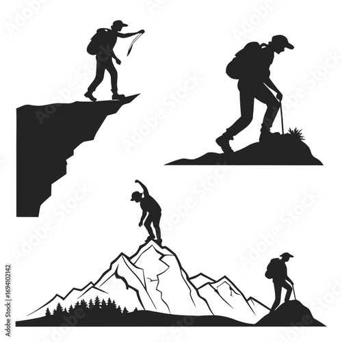 Hikers climbing mountains and cliffs silhouette
