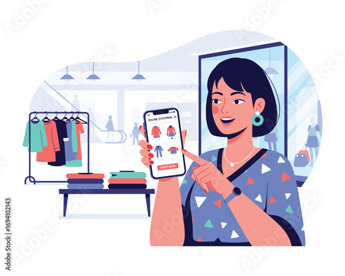 Online Fashionista: A stylish woman browsing fashionable clothing on a mobile phone at a shopping mall. Explore the allure of digital fashion with a touch of elegance and modernity.