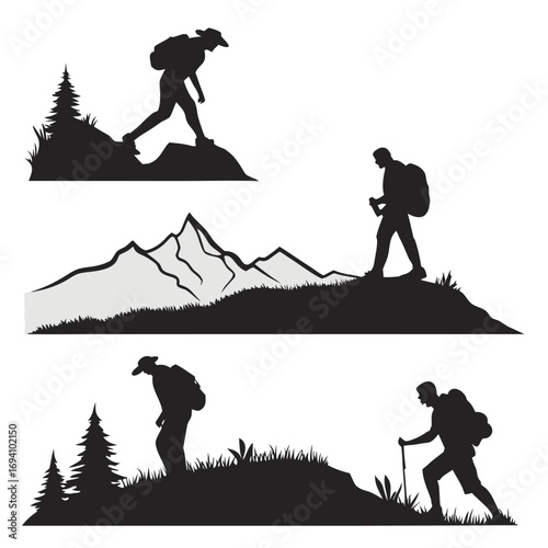 Hikers climbing mountains trees and grass hiking trekking
