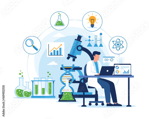 Science at Work: A focused scientist intently studies his experiment at the laboratory, surrounded by complex tools and a visual display of data. The image captures a professional's dedication.