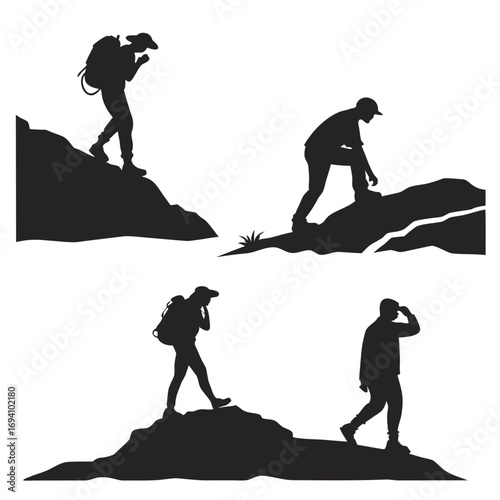Hikers climbing rocky terrain silhouettes hiking trekking