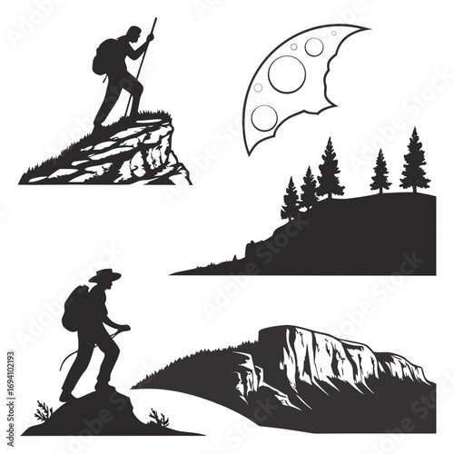 Hikers on mountain peaks and celestial body silhouette