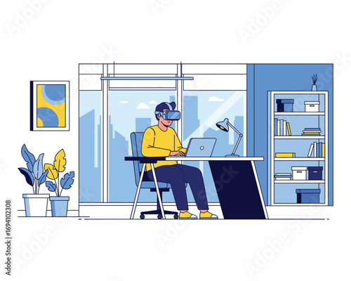 VR immersion in the workplace: A person sitting at the desk wears a VR headset, entering an immersive digital world. Inside an office full of light.