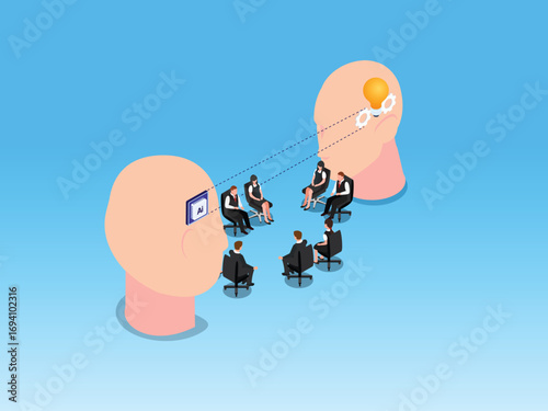 Business meeting and brainstorming with the help of artificial intelligence 3d isometric vector illustration