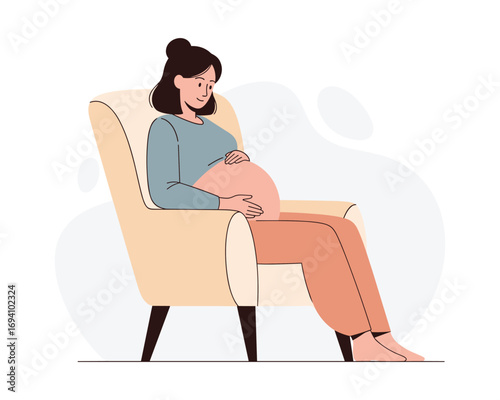 Awaiting Embrace: A serene moment, a pregnant woman gently cradles her baby bump while seated in a cozy armchair, anticipating the joyous arrival of motherhood.