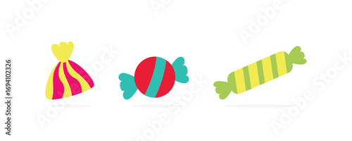 Wrapped Halloween candy vector set. Flat design with colorful stripes and wraps. Perfect for autumn holidays, trick-or-treating, party invitations, and sweet treat concepts