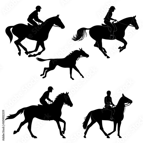 Horse rider silhouettes in motion equestrian riding