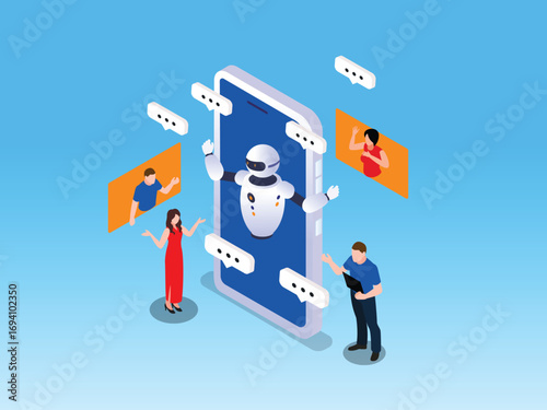 Online chatbot virtual assistant helps users on mobile phone 3d isometric vector illustration