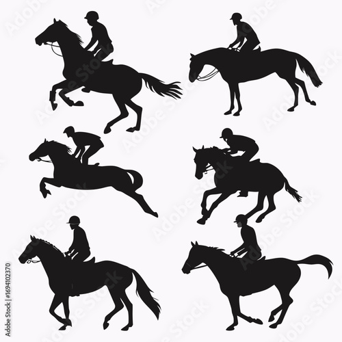 Horse rider silhouettes various poses equestrian riding