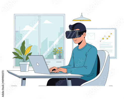 Virtual World Interface: A contemporary illustration showcases a person engaged in the cutting-edge technology of virtual reality, working on a laptop within a modern office setting.