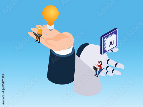 Brainstorming with artificial intelligence and human collaboration 3d isometric vector illustration